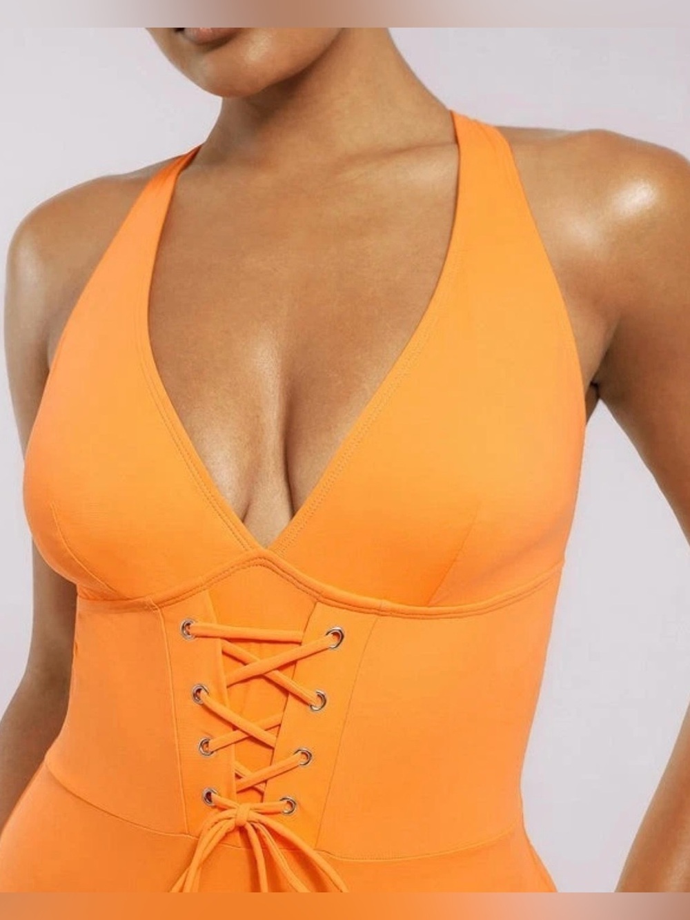 Shapellx Smart Sculpt Plunge Lace Up Front Corset Shaping Swimsuit Orange Large